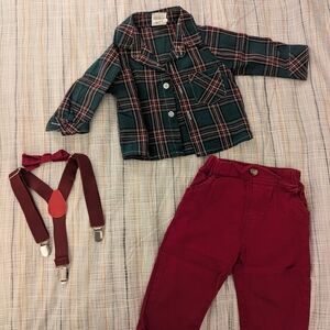 SHEIN Green Plaid Shirt and Red Pants Set